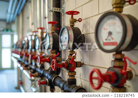 Row of industrial high pressure gas gauge meters. Water pressure gauge. Gas volume, temperature control device. Factory, plant workshop, equipment. Copper pipeline of heating system in boiler room. Row of industrial high pressure gas gauge meters. Water pressure gauge. Gas volume, temperature control device. Factory, plant workshop, equipment. Copper pipeline of heating system in boiler room. 118219745