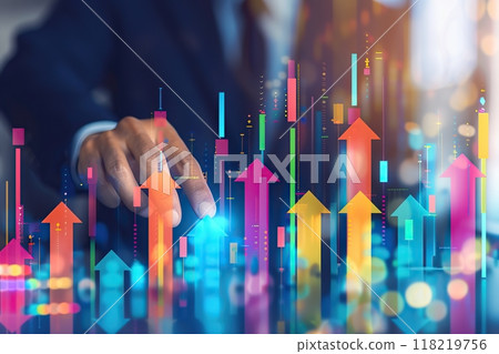 Increased profits. Benchmarking. Businessman analyzes profitability of working companies with digital augmented reality graphics, positive indicators, growing up graph and charts, colorful arrows. 118219756