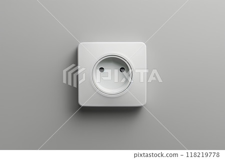 White plastic power outlet. Power socket. Brand new electrical socket isolated on a gray wall with black single plug switched on. Renovated studio apartment power supply background. Empty copy space 118219778
