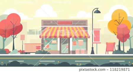 Whimsical illustration of a charming small shop with vibrant autumnal hues and cozy vibes 118219871