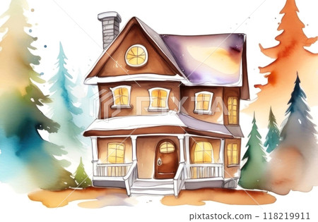 Experience cozy vibes with this charming watercolor-style cabin nestled in a wintery forest 118219911