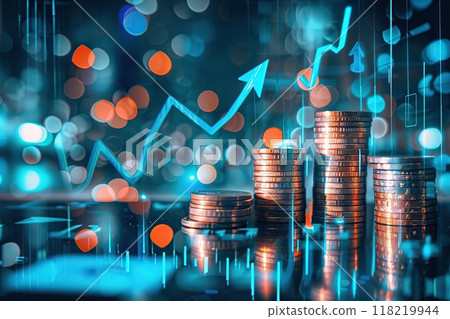 Money coin stack growing graph investment. Finance save. Success, growth wealth stock market. Business in the digital age. Trading chart in financial concepts. Prosperity. Cryptocurrency. Technology Money coin stack growing graph investment. Finance save. Success, growth wealth stock market. Business in the digital age. Trading chart in financial concepts. Prosperity. Cryptocurrency. Technology 118219944