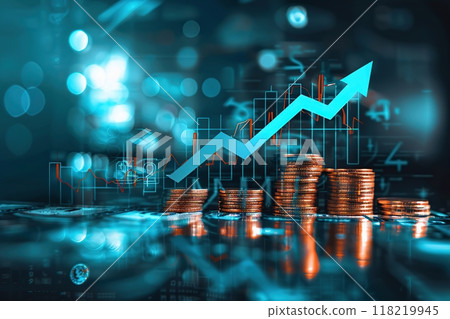 Money coin stack growing graph investment. Finance save. Success, growth wealth stock market. Business in the digital age. Trading chart in financial concepts. Prosperity. Cryptocurrency. Technology Money coin stack growing graph investment. Finance save. Success, growth wealth stock market. Business in the digital age. Trading chart in financial concepts. Prosperity. Cryptocurrency. Technology 118219945