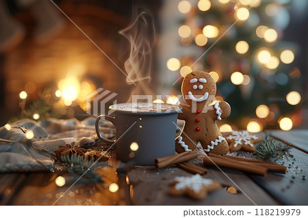 Christmas cup of hot chocolate with marshmallow and gingerbread man cookies with fireplace light bokeh background. Winter mood. Cinnamon sticks, hot steamed coffee on a cozy table desk. Xmas mug 118219979