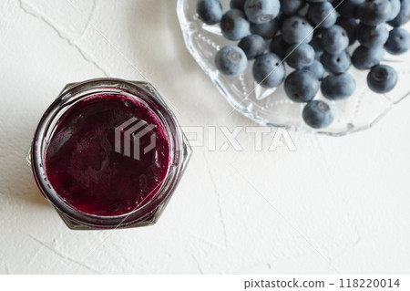 The inside of delicious freshly made blueberry jam from a blueberry farm 118220014