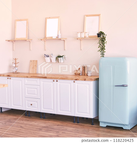 Cozy minimalist kitchen with vintage blue refrigerator and wooden shelves Cozy minimalist kitchen with vintage blue refrigerator and wooden shelves 118220425