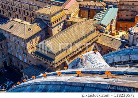 An aerial perspective reveals the intricate architecture of the Sistine Chapel and surrounding buildings 118220572