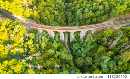 The Zampach stone railway bridge spans a lush forest in Czechia, showcasing its architectural beauty amidst vibrant greenery. The Zampach stone railway bridge spans a lush forest in Czechia, showcasing its architectural beauty amidst vibrant greenery. 118220590