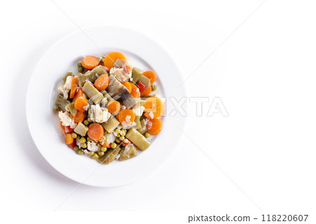 vegetable stew (menestra de verduras) on a plate isolated on white background. Top view. Copy space vegetable stew (menestra de verduras) on a plate isolated on white background. Top view. Copy space 118220607
