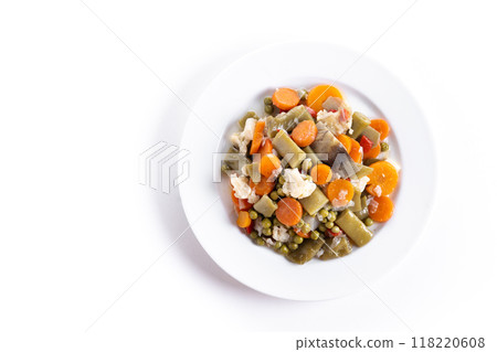 vegetable stew (menestra de verduras) on a plate isolated on white background. Top view. Copy space vegetable stew (menestra de verduras) on a plate isolated on white background. Top view. Copy space 118220608
