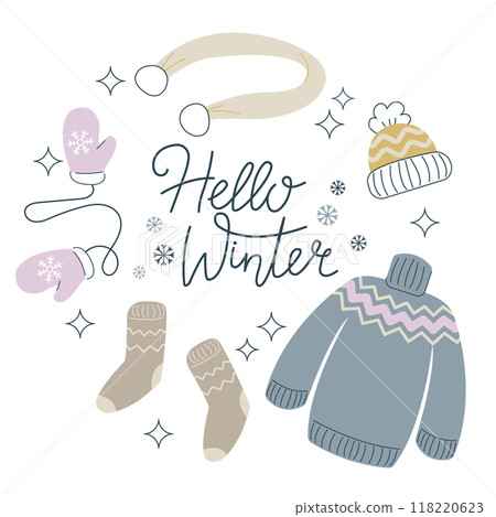 Hello winter poster template. Lettering with warm clothes frame for sale banner, motivational quote, cozy winter, knitting hobby theme card, flyer, web banner, invitation Isolated on white background Hello winter poster template. Lettering with warm clothes frame for sale banner, motivational quote, cozy winter, knitting hobby theme card, flyer, web banner, invitation Isolated on white background 118220623