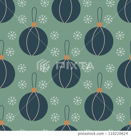Christmas tree balls ornated with lines, vector seamless pattern. Hand drawn Christmas decoration with snowflakes. Pattern in swatches. For fabric, wrapping paper and other decoration. Christmas tree balls ornated with lines, vector seamless pattern. Hand drawn Christmas decoration with snowflakes. Pattern in swatches. For fabric, wrapping paper and other decoration. 118220624