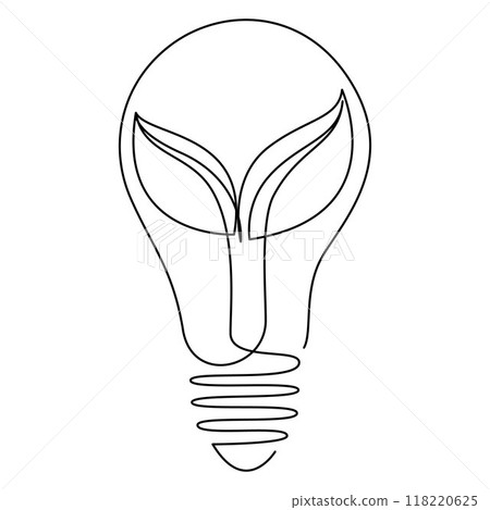 Lightbulb with leaves inside drawn by one continuous line. Single line doodle drawing of creative concept of Green energy and environmental friendly sources. Editable stroke. Vector illustration. Lightbulb with leaves inside drawn by one continuous line. Single line doodle drawing of creative concept of Green energy and environmental friendly sources. Editable stroke. Vector illustration. 118220625