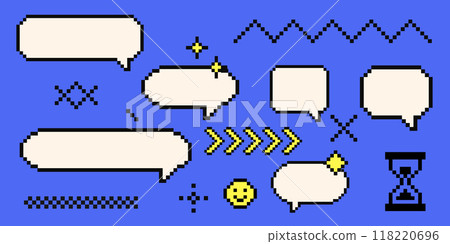 Set of pixel art cloud bubble quote box speech bubble dialog retro 8 bit arcade game interface, manga. Comic chat rectange pixel elements, arrow, star, heart. 118220696