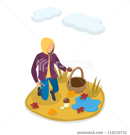 3D Isometric Flat Vector Illustration of Mushroom Picking, Autumn Forest. Item 1 3D Isometric Flat Vector Illustration of Mushroom Picking, Autumn Forest. Item 1 118220732