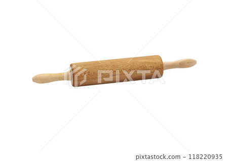 Kitchen wooden rolling pin for rolling out dough. A kitchen appliance for working with dough. No background. Preparation for baking. Horizontal 118220935