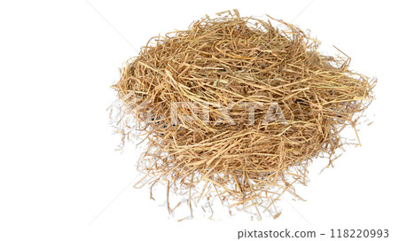 cut out image of lump of dry straw with clipping paths, against white background, highlighting the texture and individual strands for versatile design applications. cut out image of lump of dry straw with clipping paths, against white background, highlighting the texture and individual strands for versatile design applications. 118220993