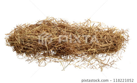 cut out image of lump of dry straw with clipping paths, against white background, highlighting the texture and individual strands for versatile design applications. cut out image of lump of dry straw with clipping paths, against white background, highlighting the texture and individual strands for versatile design applications. 118221052