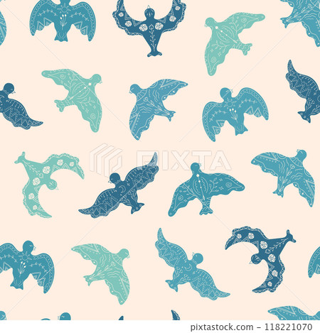 Hand drawn doves with botanical ornament seamless pattern. Blue flying birds pattern. Vector illustration 118221070