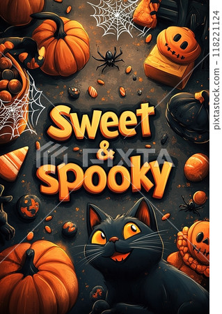 Sweet and spooky halloween: black cat, pumpkins, candy, and cobwebs 118221124