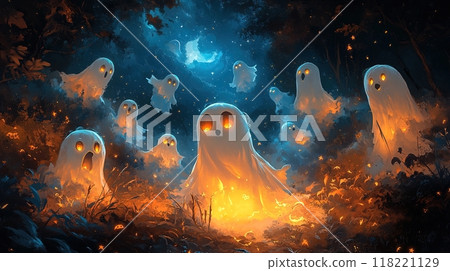 Magical night with glowing ghosts in enchanted forest 118221129