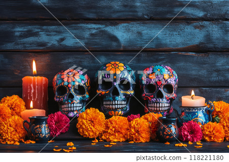 Decorated sugar skulls, marigold flowers, and lit candles 118221180