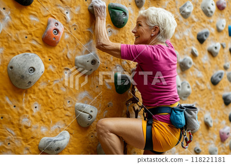 Woman climbs an indoor rock wall, using safety gear and a harness 118221181
