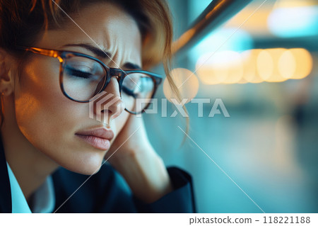 A tired woman wearing glasses rests with her eyes closed in a lit indoor setting 118221188