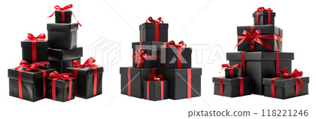 Set of isolated pile of black gift boxes with red ribbon on a transparent background for Black Friday sales or celebration events. Front view. 118221246