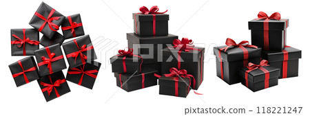 Set of isolated pile of black gift boxes with red ribbon on a transparent background for Black Friday sales or celebration events. Front and top view. 118221247