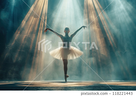 A ballerina dancer in a fluffy dress stands in a pose, on stage in the light of spotlights. A ballerina dancer in a fluffy dress stands in a pose, on stage in the light of spotlights. 118221443