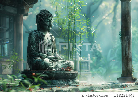 Buddha monument in green dense jungle, Hindu religious symbol. Asia sculpture tourist cultural statue. Buddha monument in green dense jungle, Hindu religious symbol. Asia sculpture tourist cultural statue. 118221445
