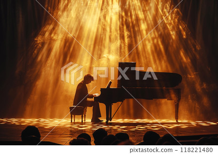 Pianist musician playing grand piano at classical traditional concert from stage under spotlights. Pianist musician playing grand piano at classical traditional concert from stage under spotlights. 118221480
