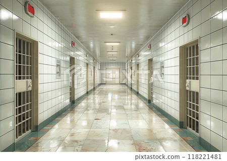 Corridor of a European prison with doors to the cells of prisoners. Modern interior of a correctional facility. 118221481