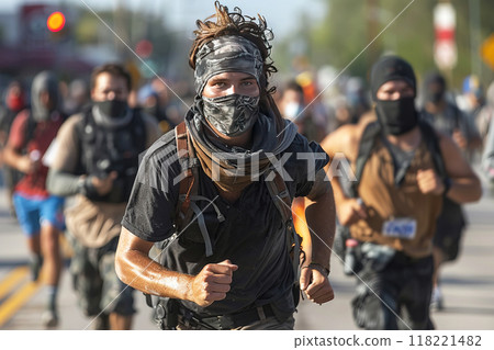 Protest of aggressive people in smoke, armed in mask at night. Burning cars, police with guns. 118221482