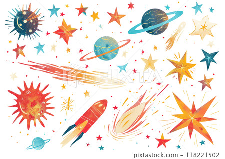 set of celestial effects, such as comets, shooting stars, and nebulae, set against a white backdrop. 118221502