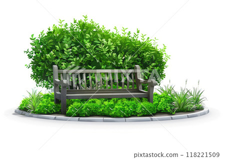 peaceful corner of a garden with a green bush and a bench, the elements isolated on a white surface. 118221509