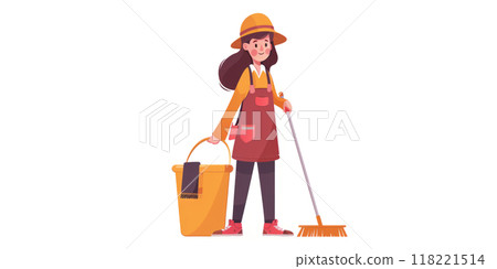 A cleaning worker in a uniform, holding a mop and a bucket, on a white background. 118221514