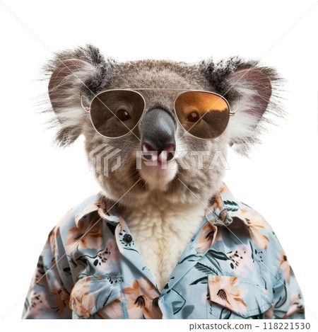 Cool koala in aviator sunglasses and a breezy button-up shirt, isolated on white 118221530
