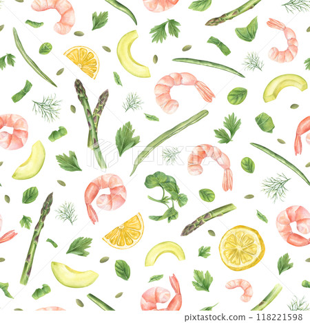 Shrimp, asparagus, beans, herbs, avocado and lemon slices seamless pattern. Flavorful oregano, basil, parsley and dill for seafood. Watercolor healthy food illustration for kitchen textile,  118221598