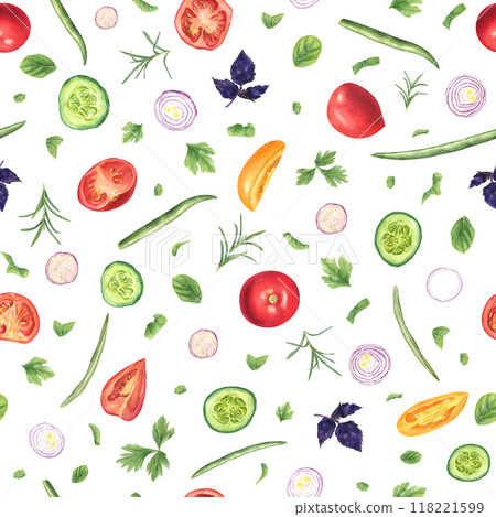 Fresh vegetables and aromatic herbs watercolor seamless pattern. Slices of tomato, onion, cucumber, beans, oregano, rosemary illustration in realistic style. Ingredients for cooking, recipe, menu 118221599
