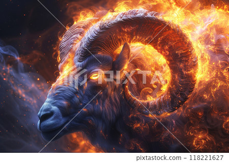 Aries symbol of the zodiac horoscope constellation of the east, blue fiery neon background. 118221627