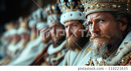 European kings in crowns historical costumes, group bearded men in a row, close-up. 118221635