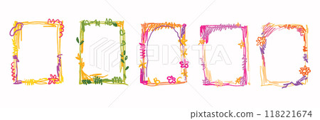 Doodle kids frame set, vector hand drawn scribble border, school album photo decoration crayon line. Doodle kids frame set, vector hand drawn scribble border, school album photo decoration crayon line. 118221674