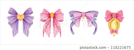 Watercolor bow set, vector hand drawn girly ribbon, romantic vintage cute hair accessories clipart.  118221675