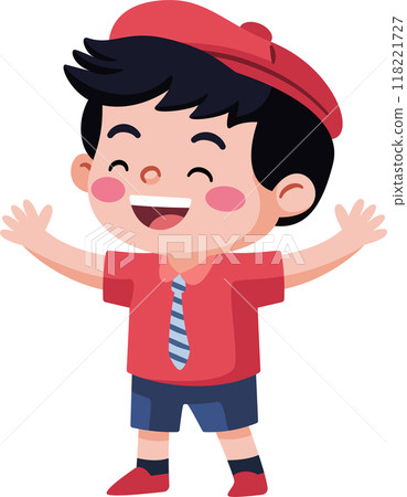 A young boy wearing a red shirt and blue shorts is smiling and waving A young boy wearing a red shirt and blue shorts is smiling and waving 118221727
