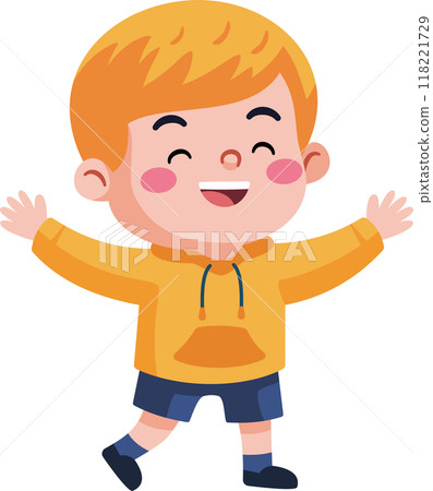 A young boy wearing a yellow shirt and blue shorts is smiling and waving. 118221729