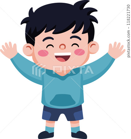 A young boy is smiling and waving his arms in the air 118221730