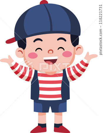 A young boy wearing a red stripe shirt and blue shorts is smiling and waving 118221731