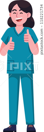 A woman in a blue scrub suit is giving a thumbs up 118221734